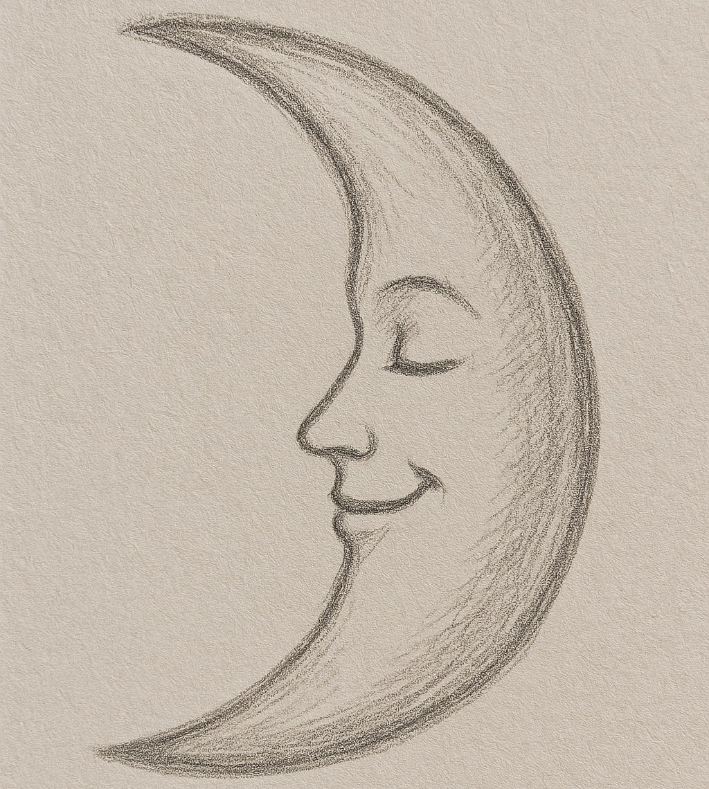 Dibujo a lápiz de luna con rostro femenino en perfil