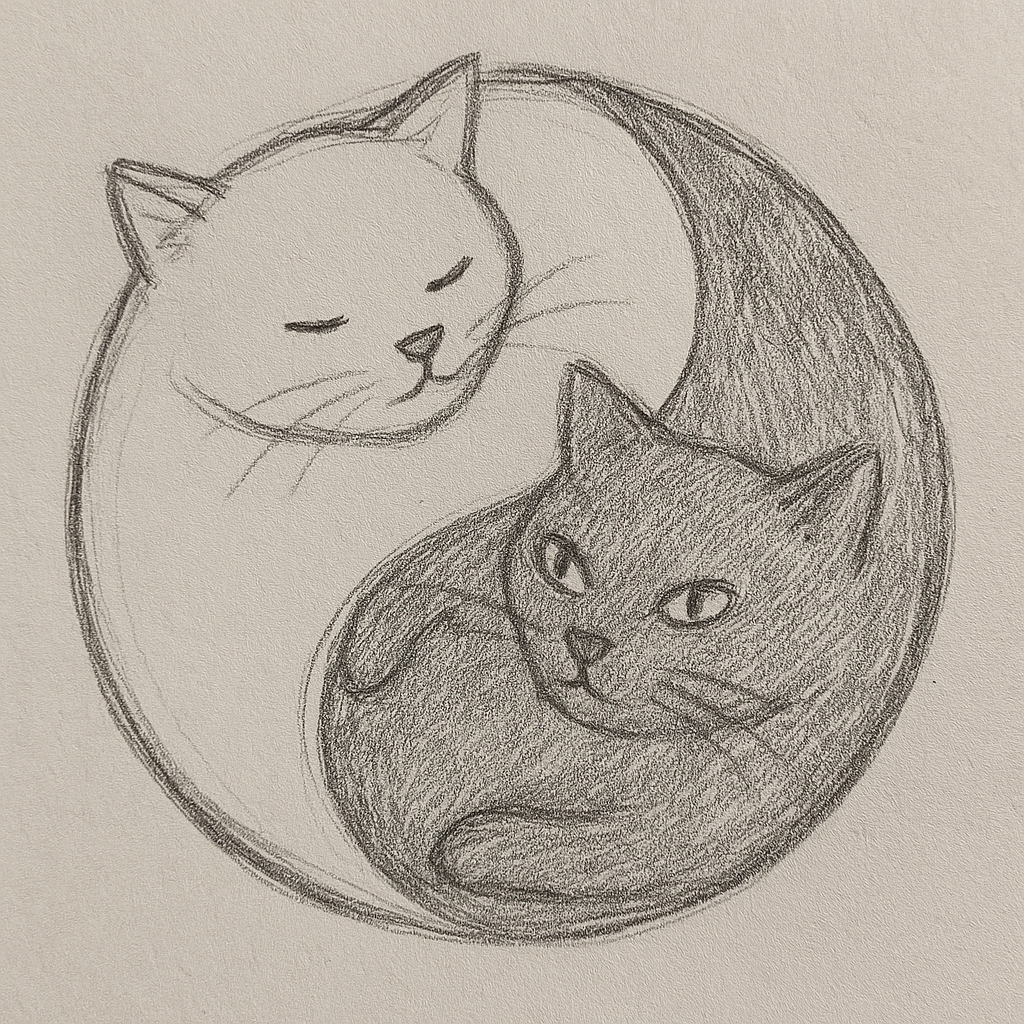 Ilustración a lápiz de dos gatos en forma de yin y yang