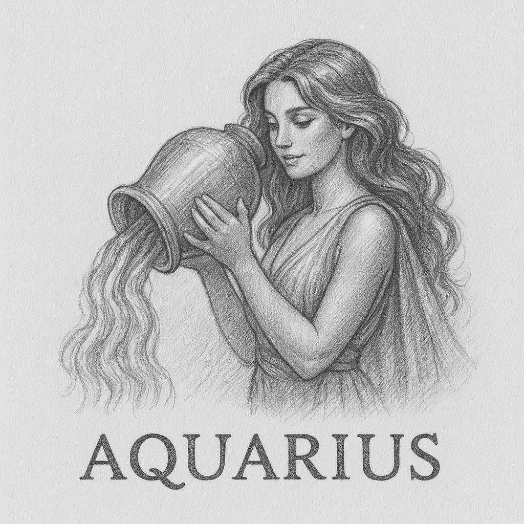 Ilustración en lápiz de Acuario, el Portador de Agua, símbolo del zodiaco asociado a la visión, la libertad y la energía aire.
