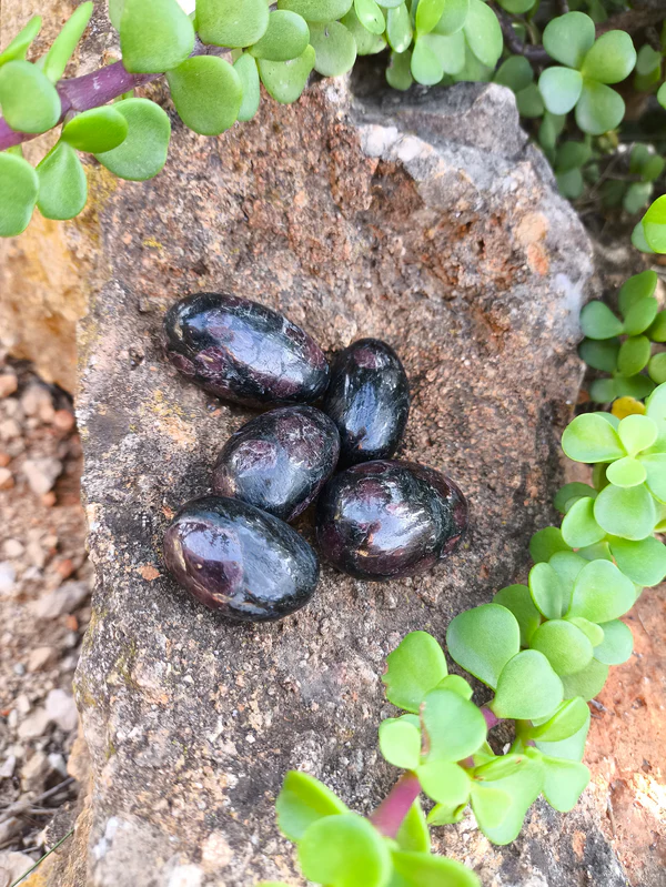 Granate pulido natural dispuesto en conjunto sobre roca natural