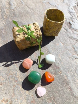 Set de Cáncer con piedra luna, aguamarina, aventurina, cornalina y cuarzo rosa pulidos presentados junto a cesta natural sobre superficie de piedra