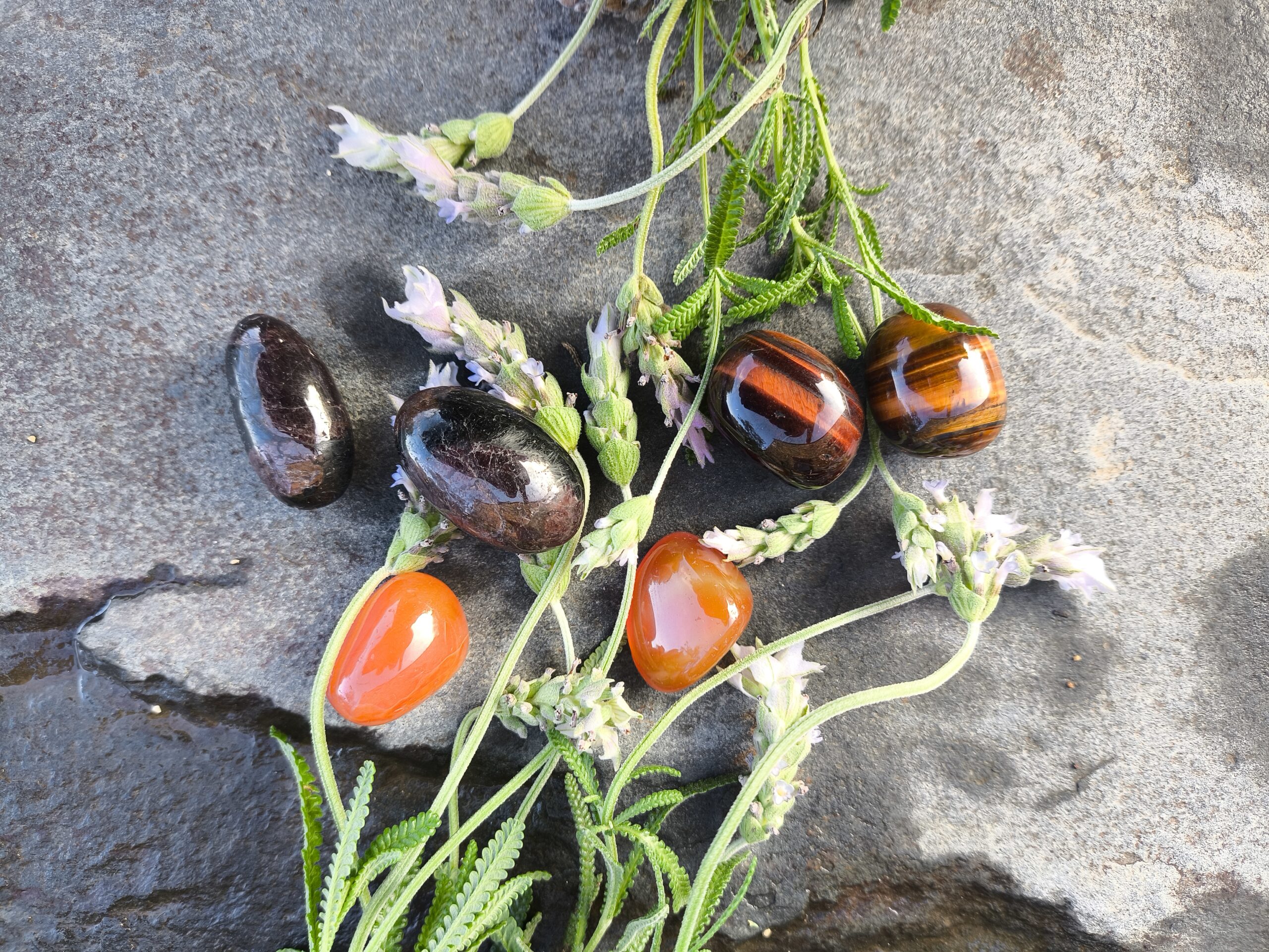 Piedras pulidas de tonos oscuros y naranjas dispuestas con ramas y hojas naturales