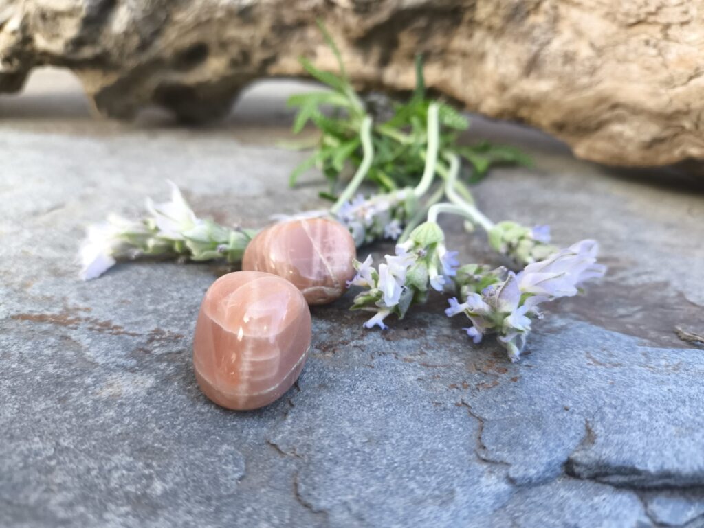 Piedra luna melocotón pulida natural dispuesta junto a flores de lavanda sobre piedra
