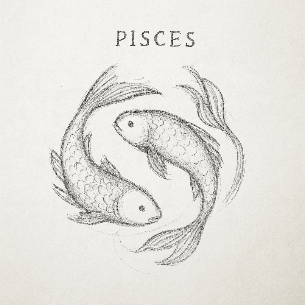 Ilustración minimalista en grafito del signo de Piscis. Dos peces se mueven en círculo, simbolizando la dualidad y el flujo emocional característicos de este signo de agua.