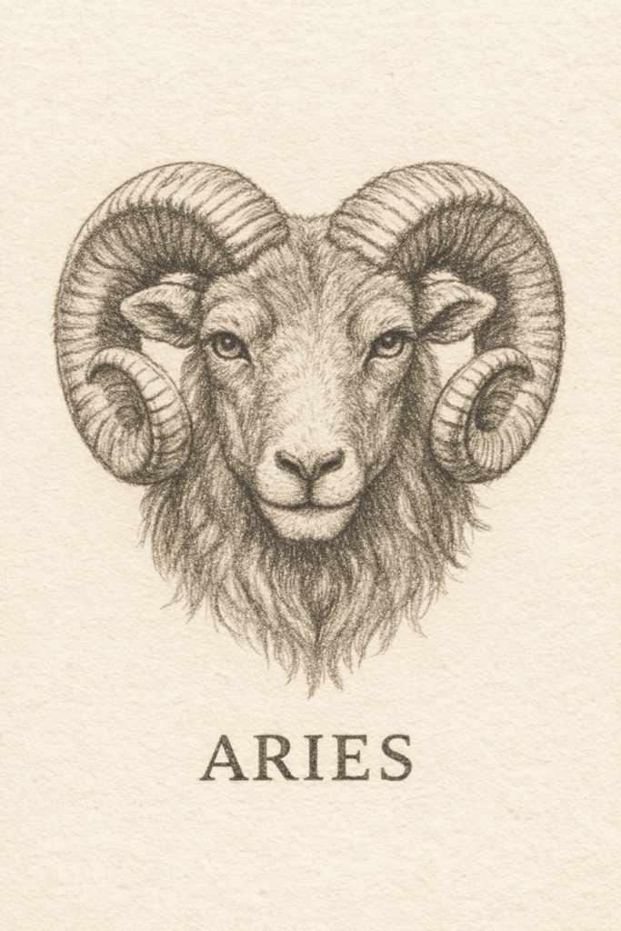 Ilustración en estilo vintage de un carnero con cuernos grandes y la palabra “Aries” debajo
