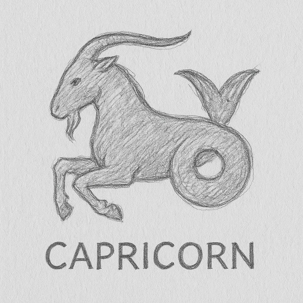 Dibujo a lápiz de Capricornio, la cabra de mar del zodiaco, sobre fondo blanco con la palabra Capricorn debajo